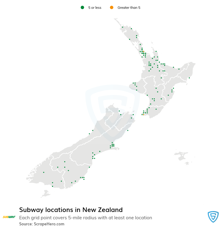 Map of Subway stores in New Zealand