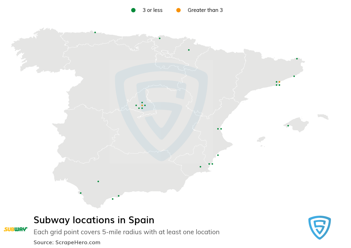 Map of Subway stores in Spain