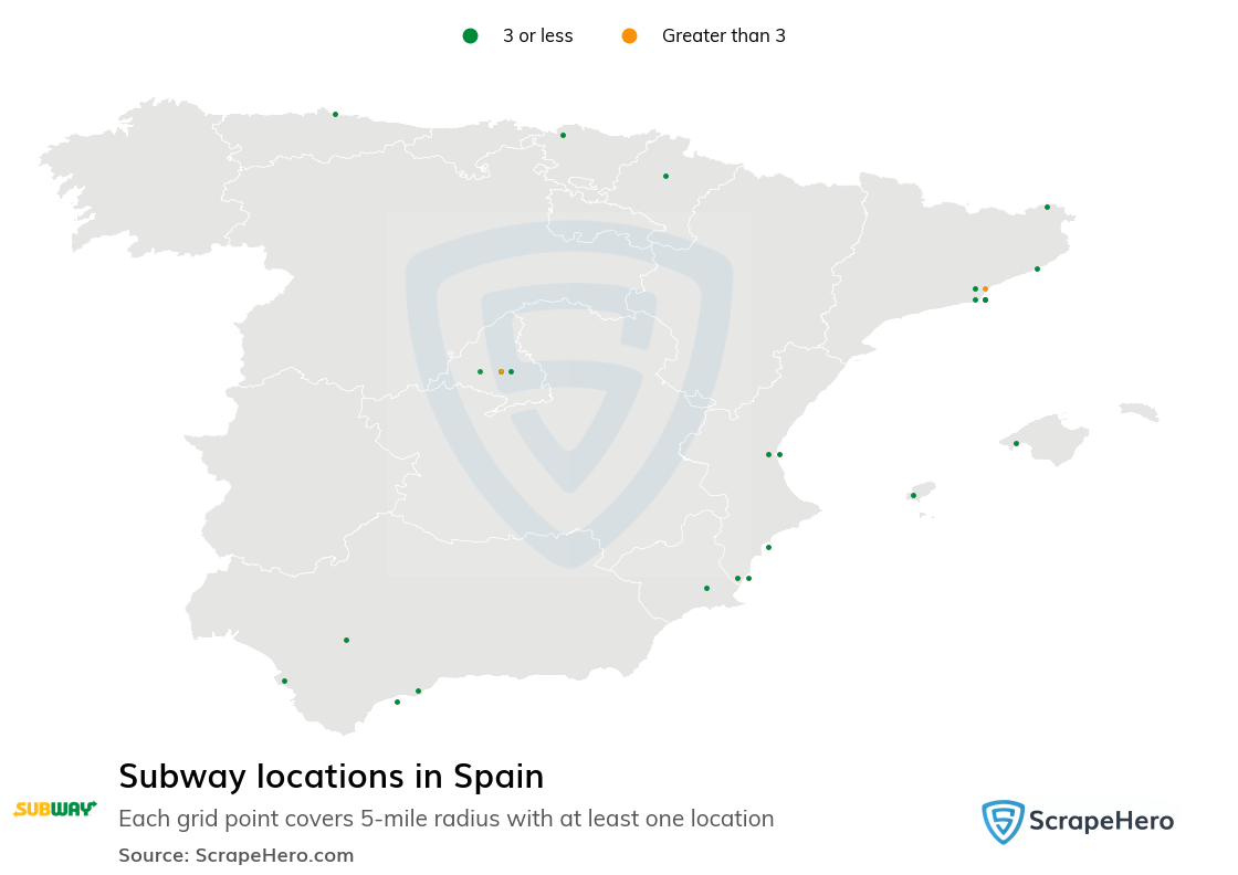 Map of Subway stores in Spain