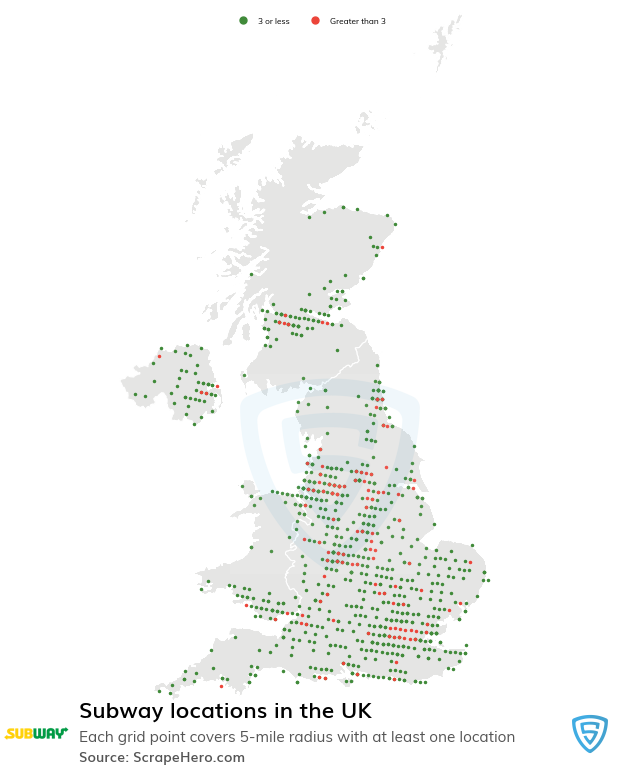 Map of Subway locations in the United Kingdom
