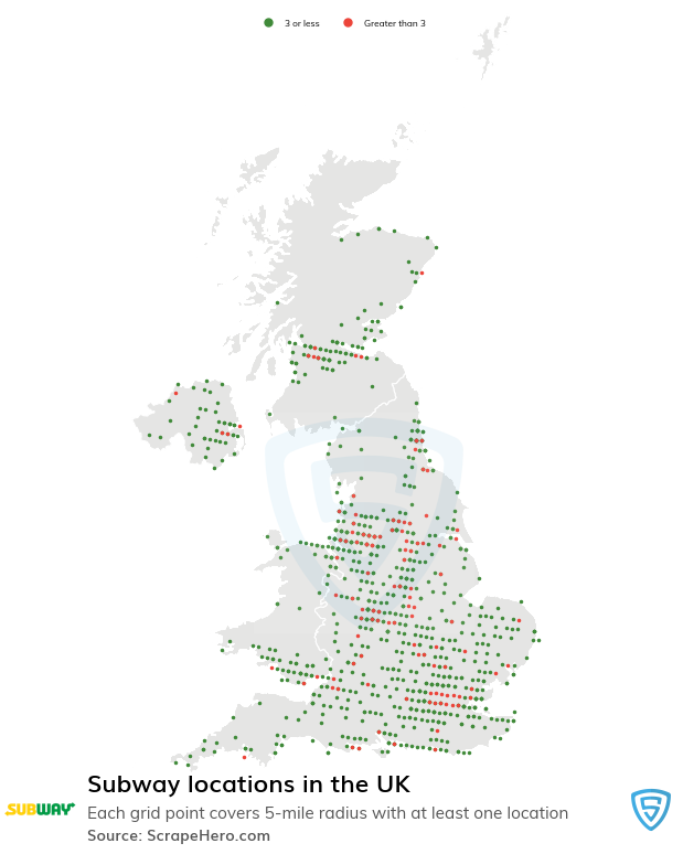 Map of Subway restaurants in the United Kingdom