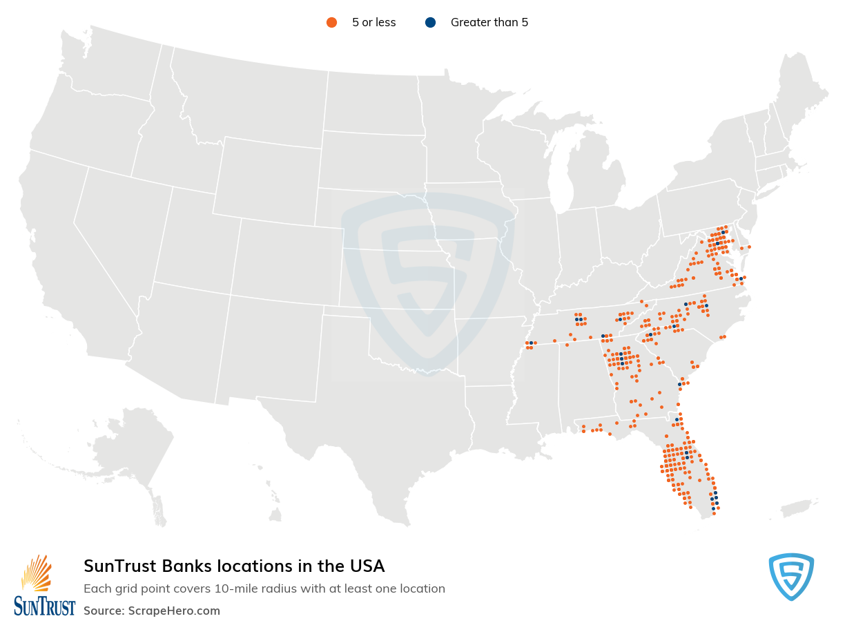Map of SunTrust Banks locations in the United States
