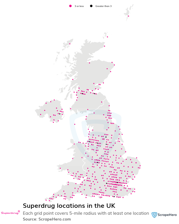 Map of Superdrug pharmacies in the United Kingdom