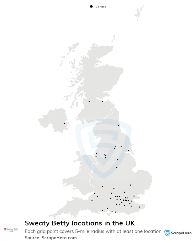 Map of Sweaty Betty stores in the United Kingdom