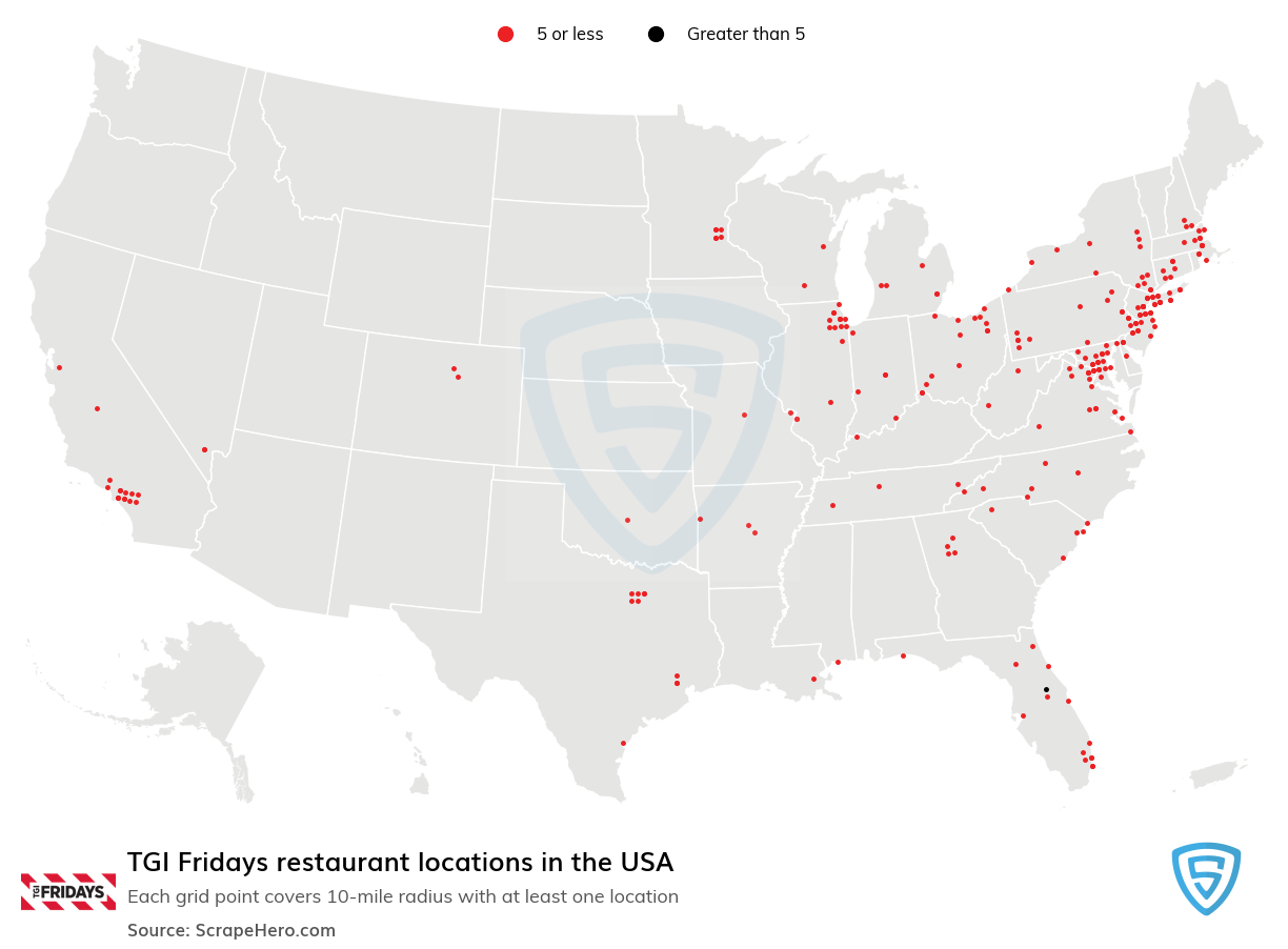 Map of TGI Fridays restaurants in the United States
