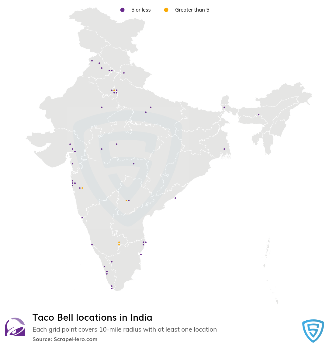 Map of Taco Bell locations in India in 2022