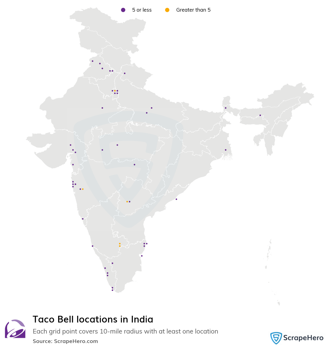 Map of Taco Bell restaurants in India