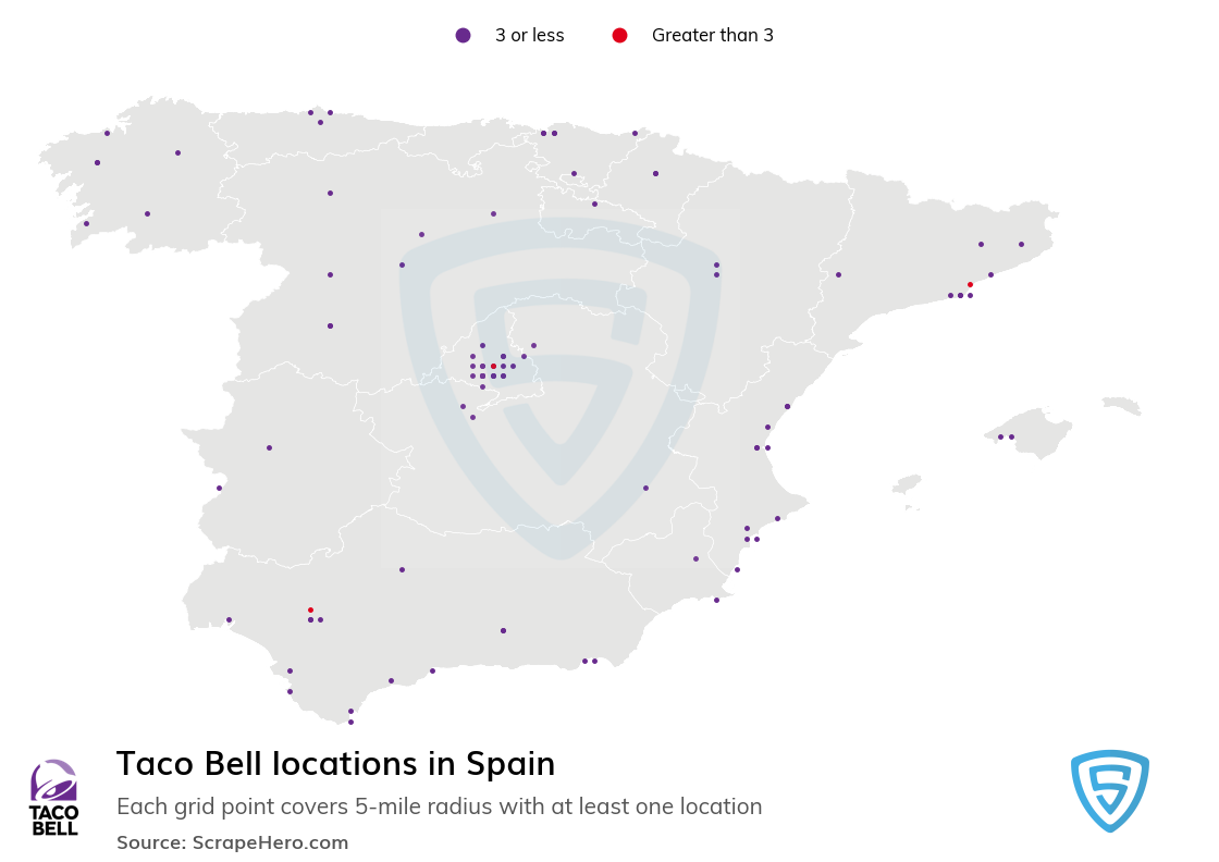Map of Taco Bell restaurants in Spain