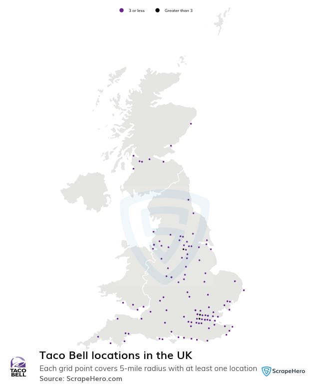 Map of Taco Bell restaurants in the United Kingdom