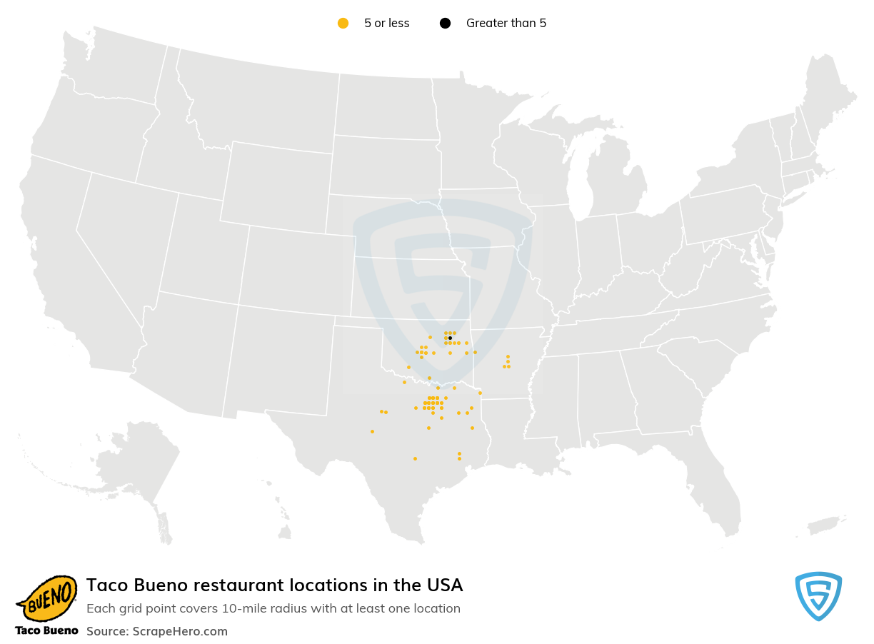 Map of Taco Bueno restaurants in the United States