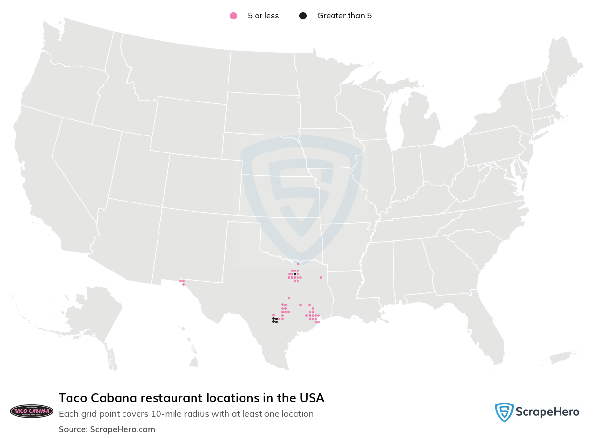 Map of Taco Cabana restaurants in the United States
