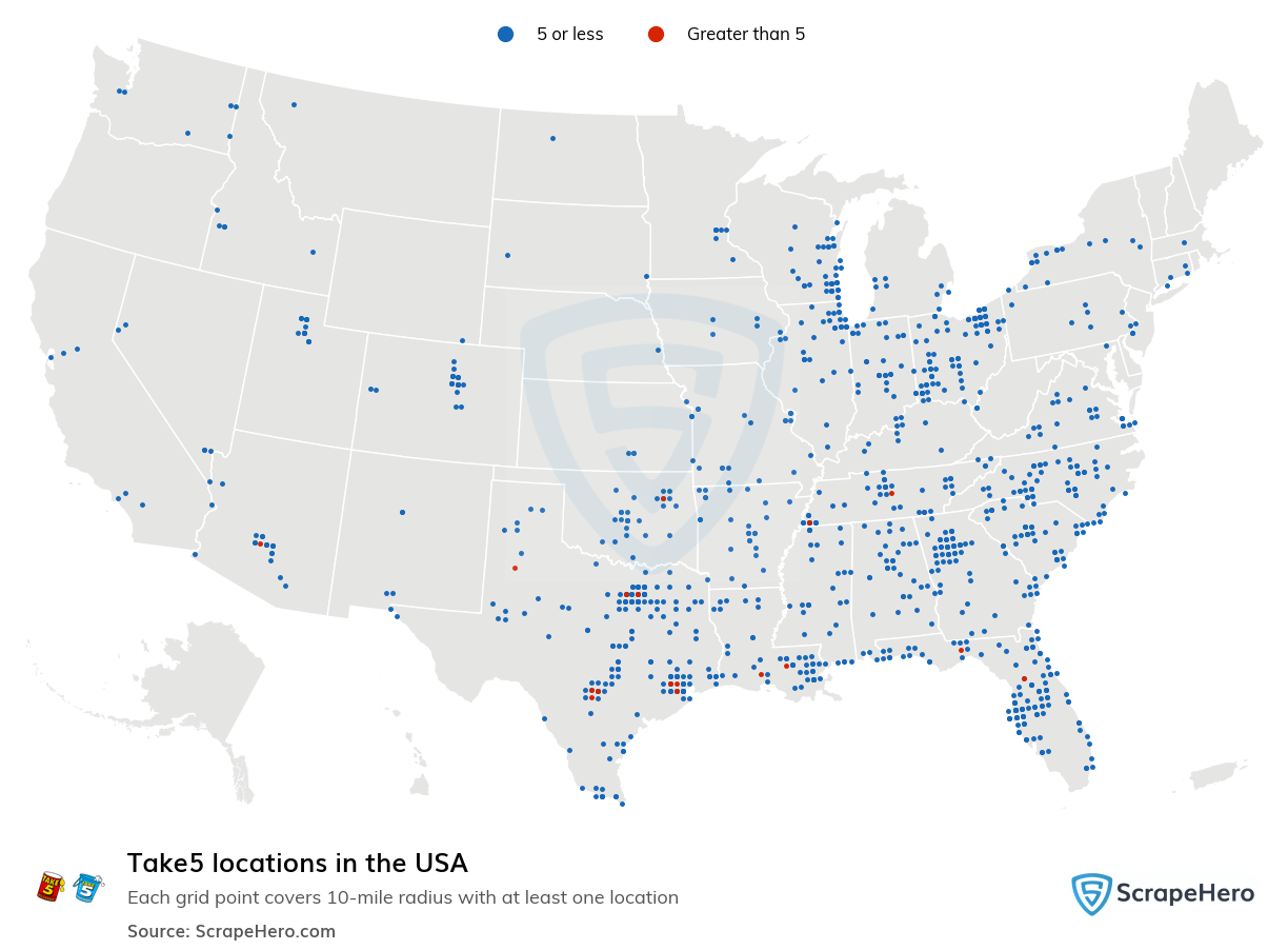 Map of Take5 locations in the United States