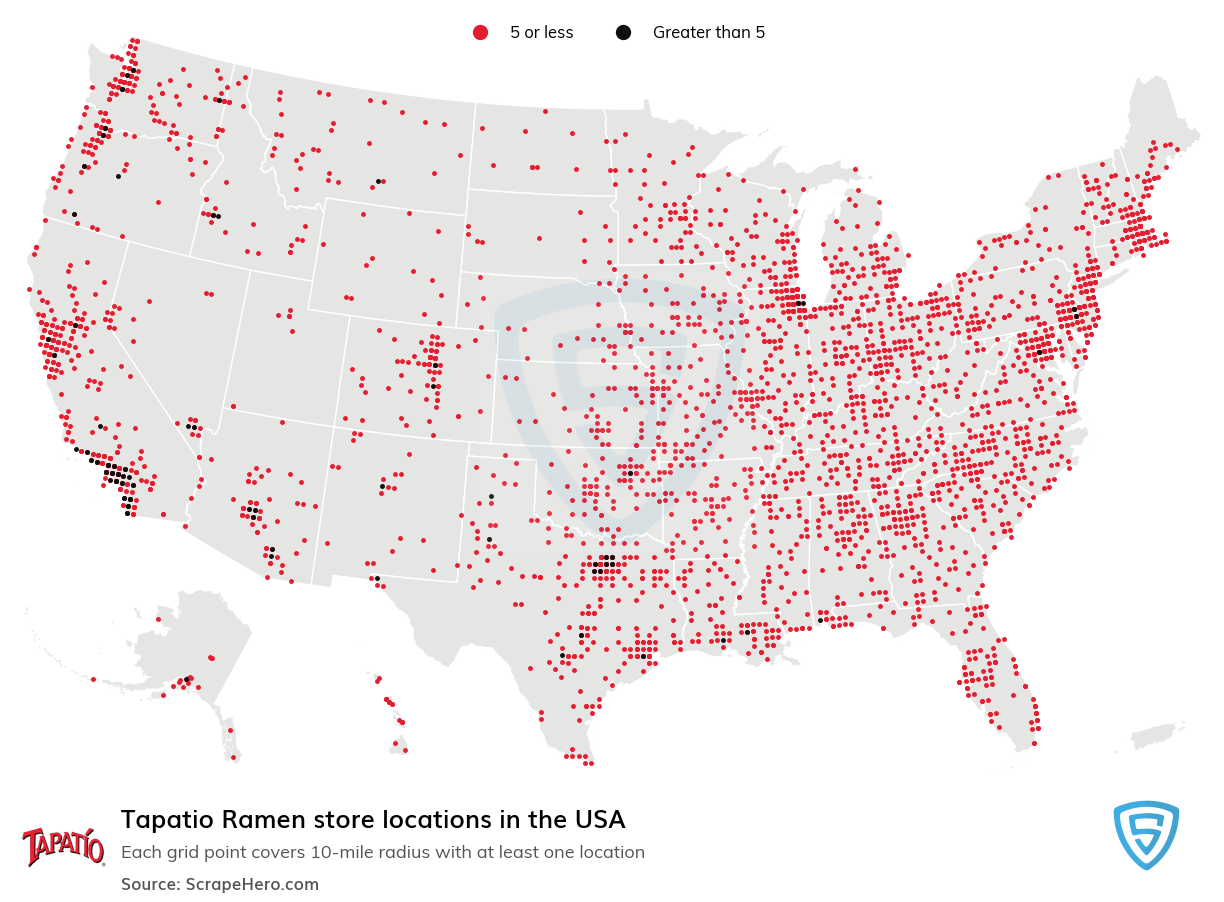 Map of Tapatio Ramen locations in the United States in 2020