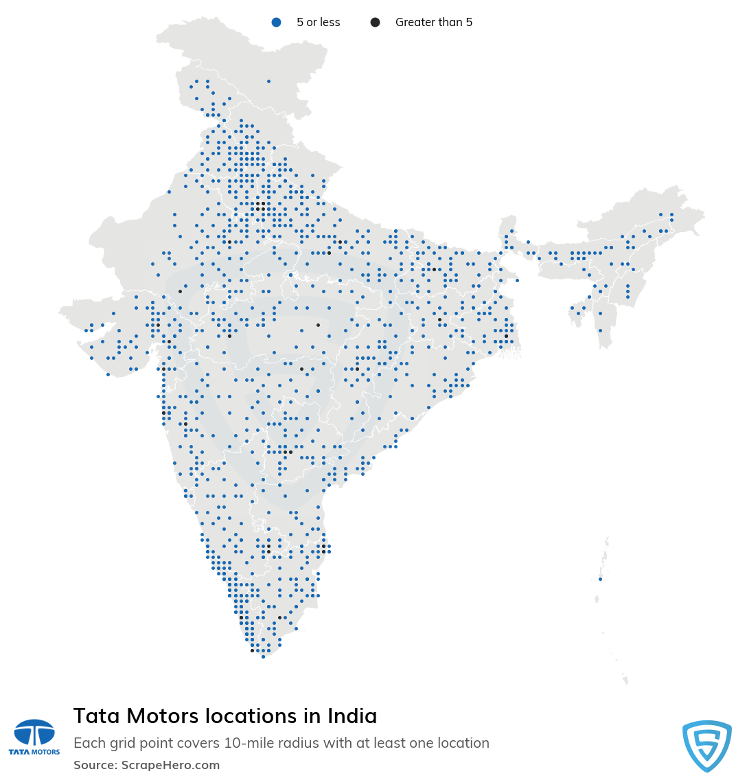 Map of Tata Motors locations in India in 2021