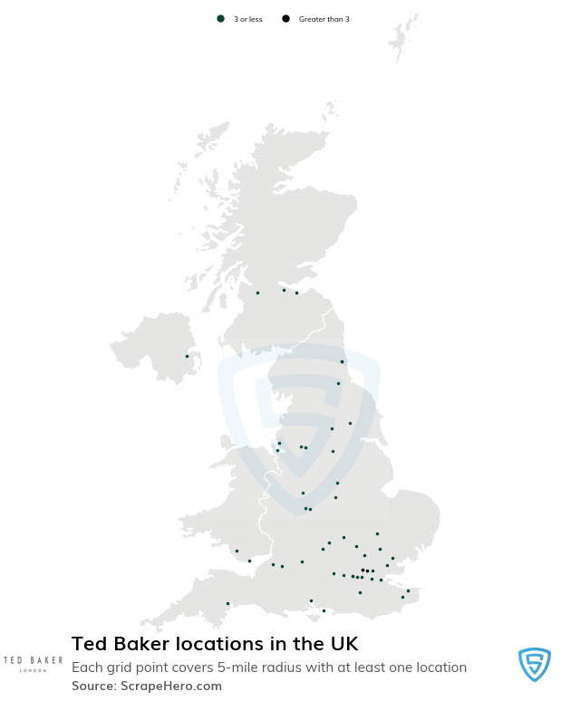 Map of Ted Baker stores in the United Kingdom