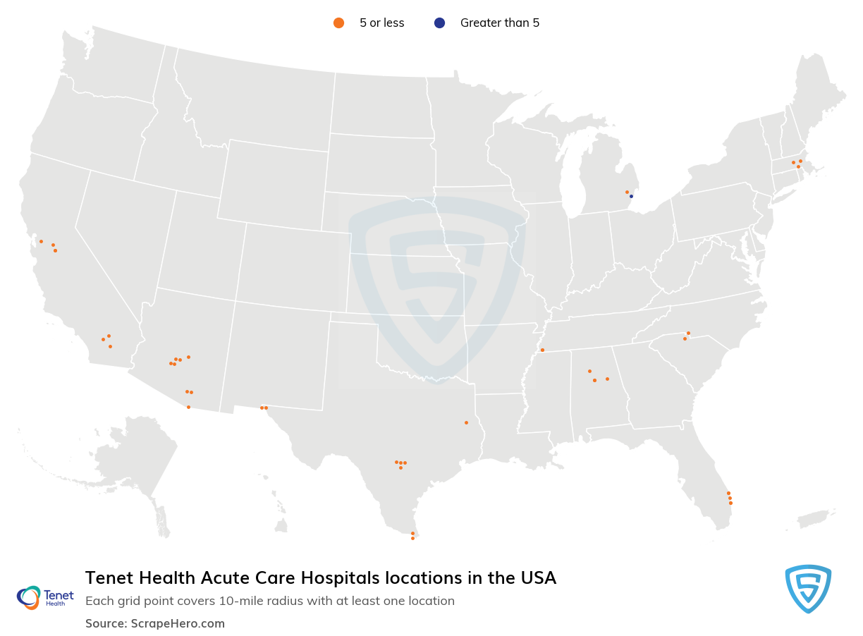 Map of Tenet Health Acute Care Hospitals locations in the United States