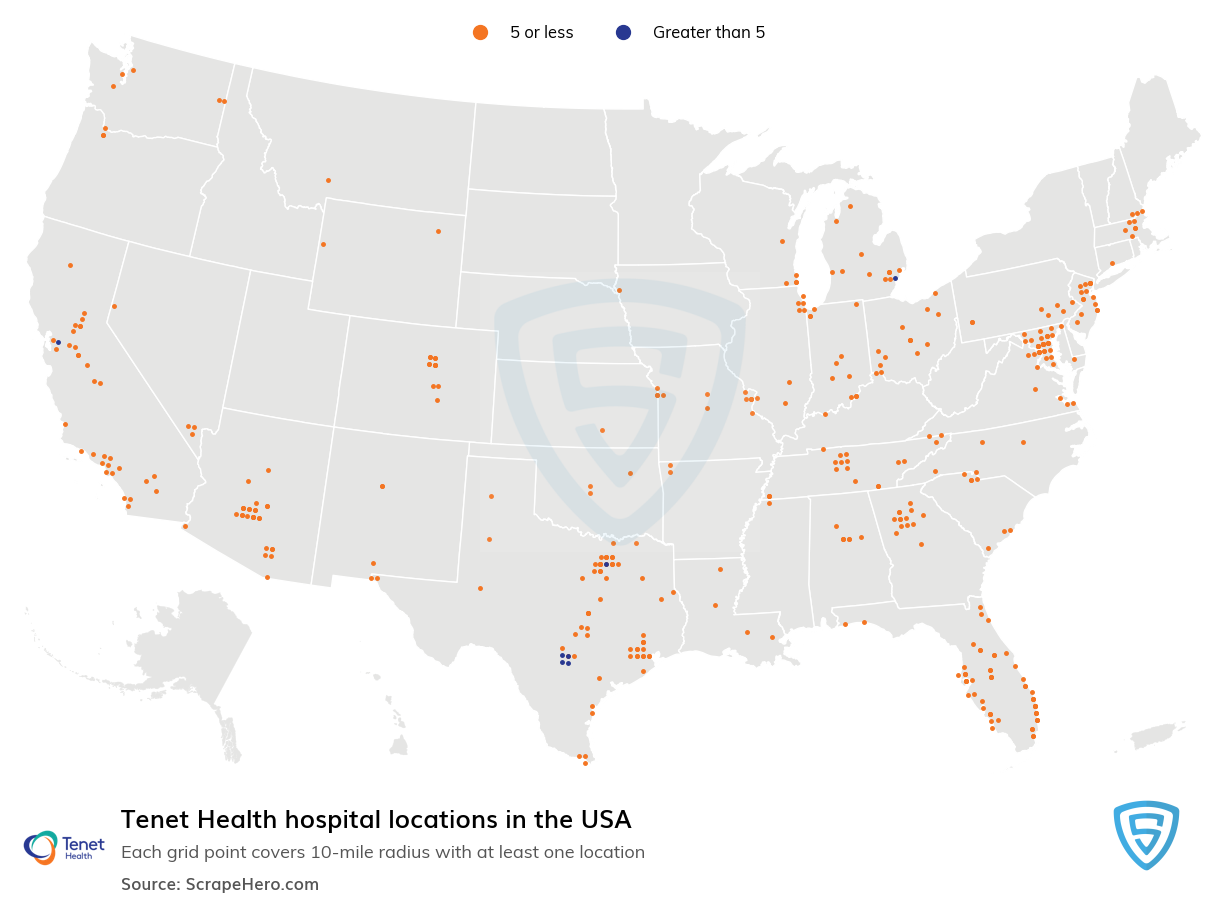 Map of Tenet Health hospitals in the United States