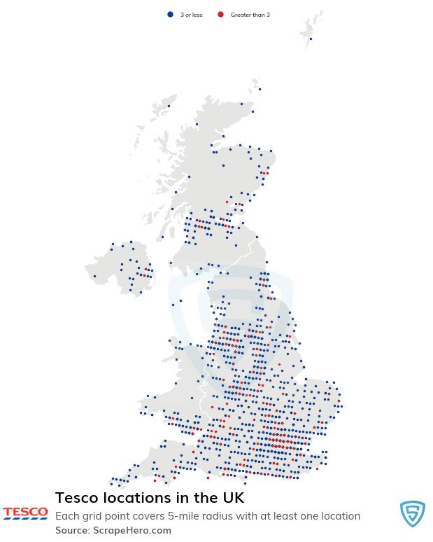 Map of Tesco locations in the United Kingdom in 2022
