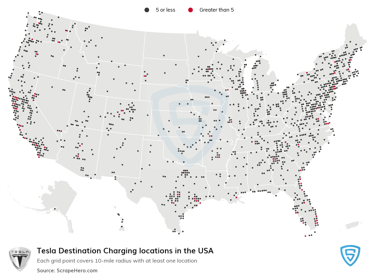 Map of Tesla Destination Chargers locations in the United States
