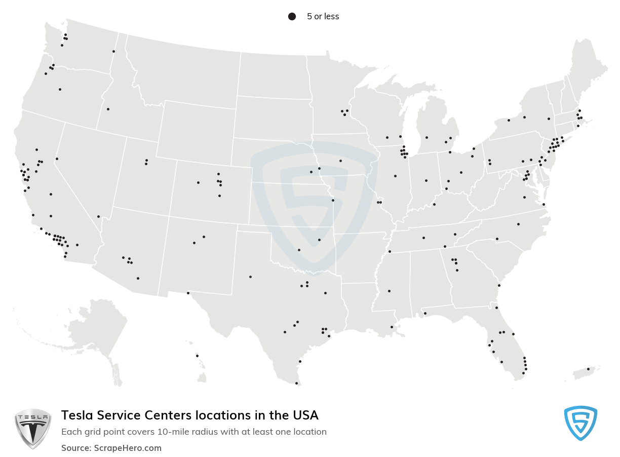 Map of Tesla Service Centers locations in the United States