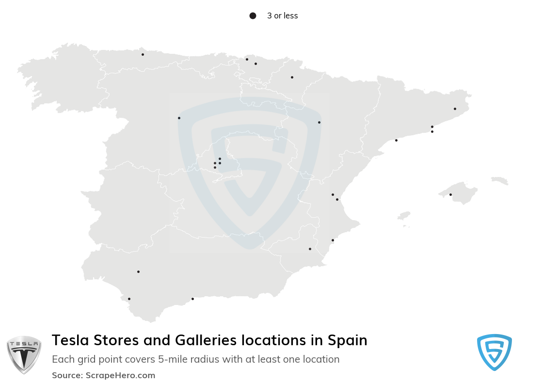 Map of Tesla Stores and Galleries locations in Spain