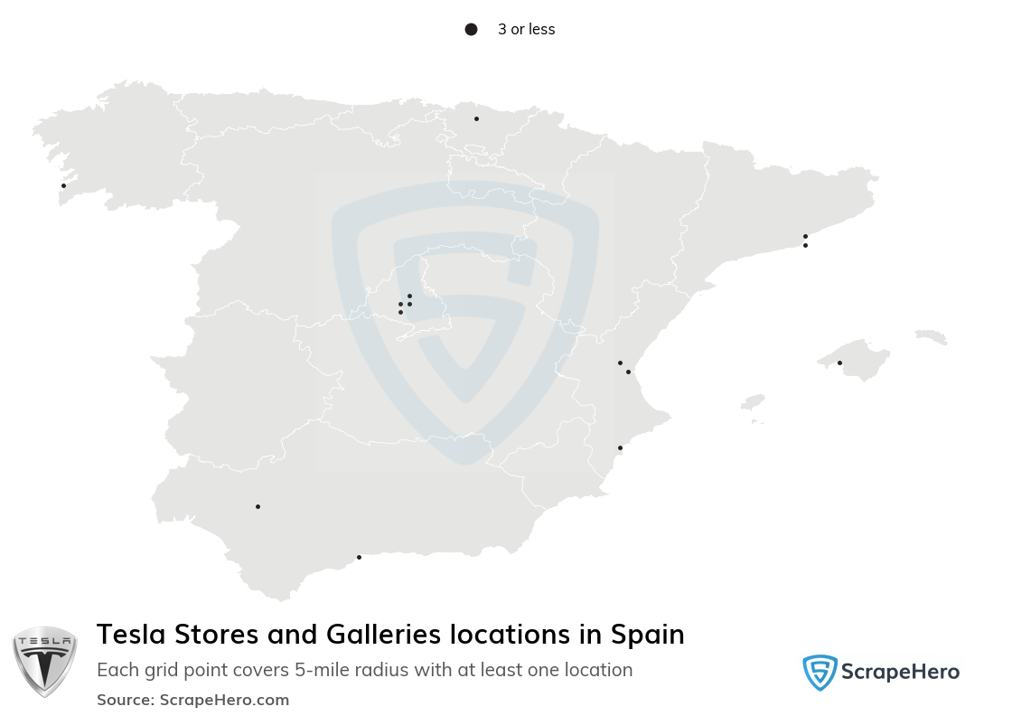 Map of Tesla Stores and Galleries locations in Spain