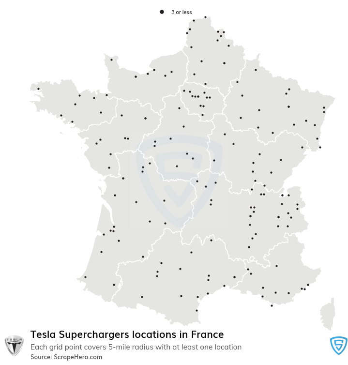 Map of Tesla Superchargers locations in France