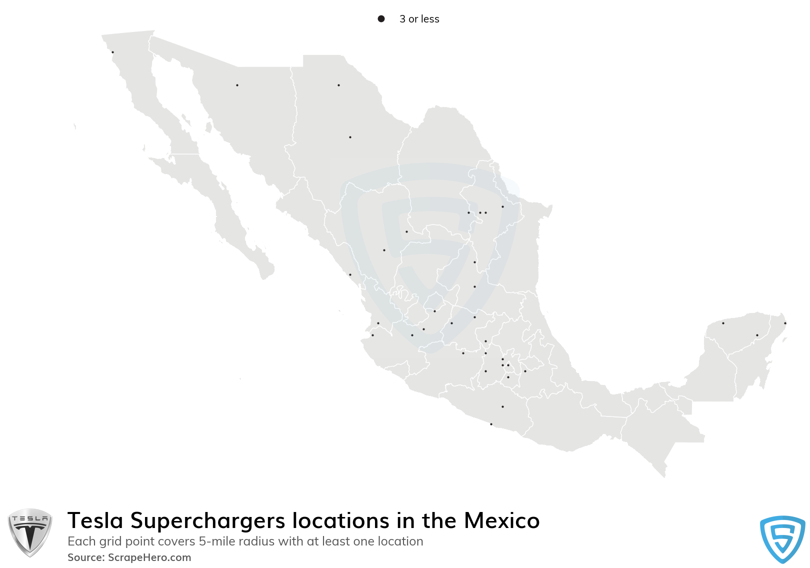 Map of Tesla Superchargers locations in Mexico