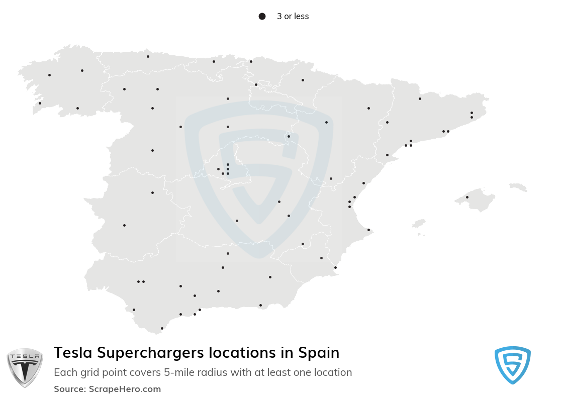 Map of Tesla Superchargers locations in Spain