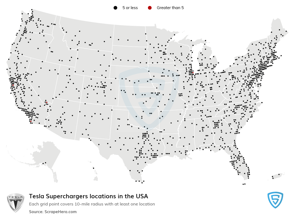 Map of Tesla Superchargers locations in the United States