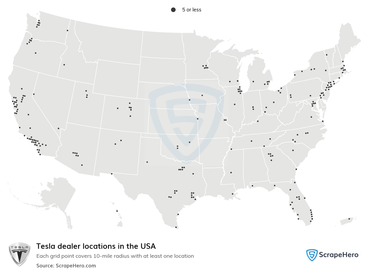 Map of Tesla dealers in the United States