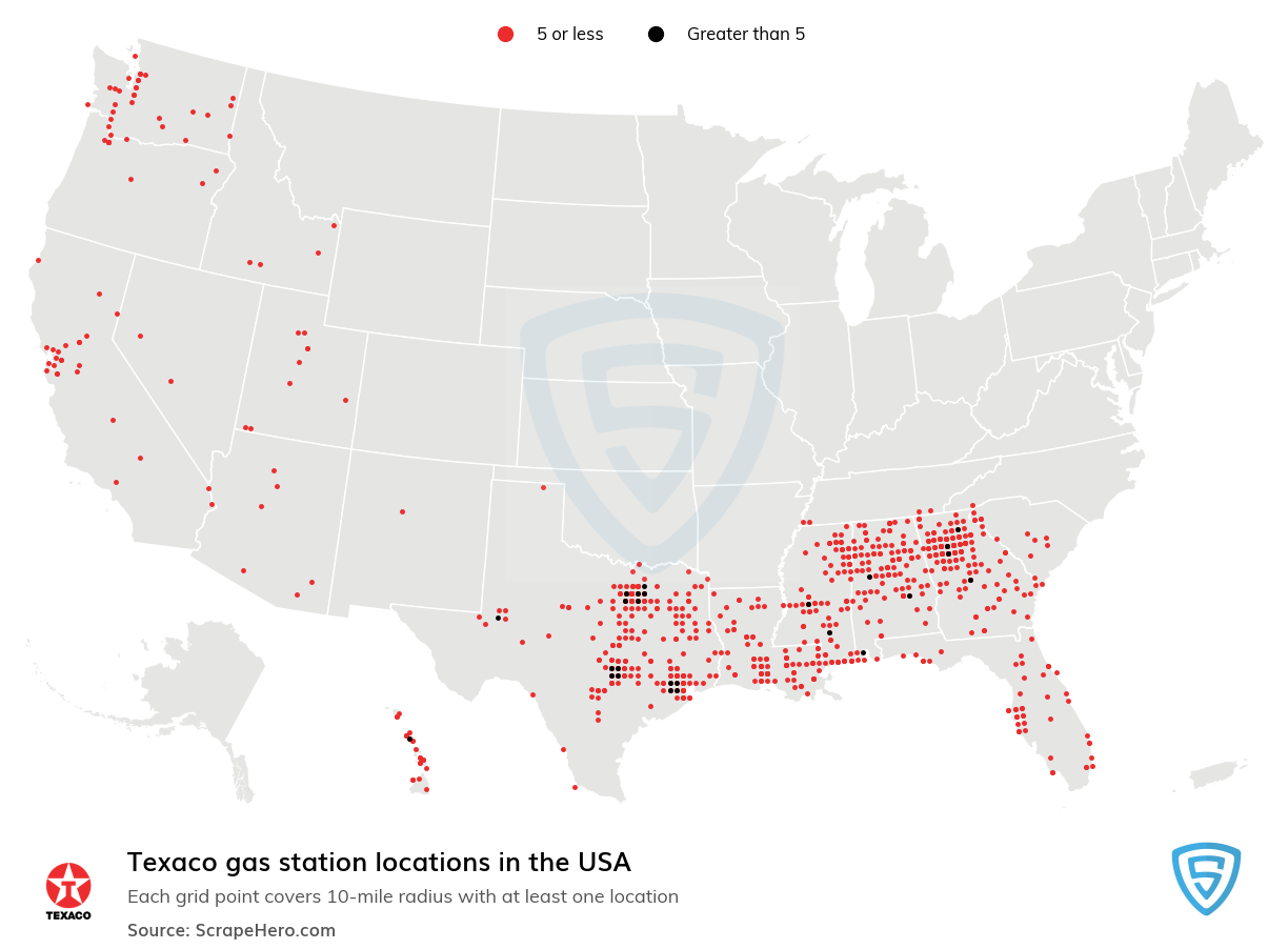 Map of Texaco gas stations in the United States