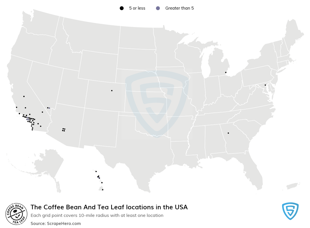 Map of The Coffee Bean And Tea Leaf locations in the United States