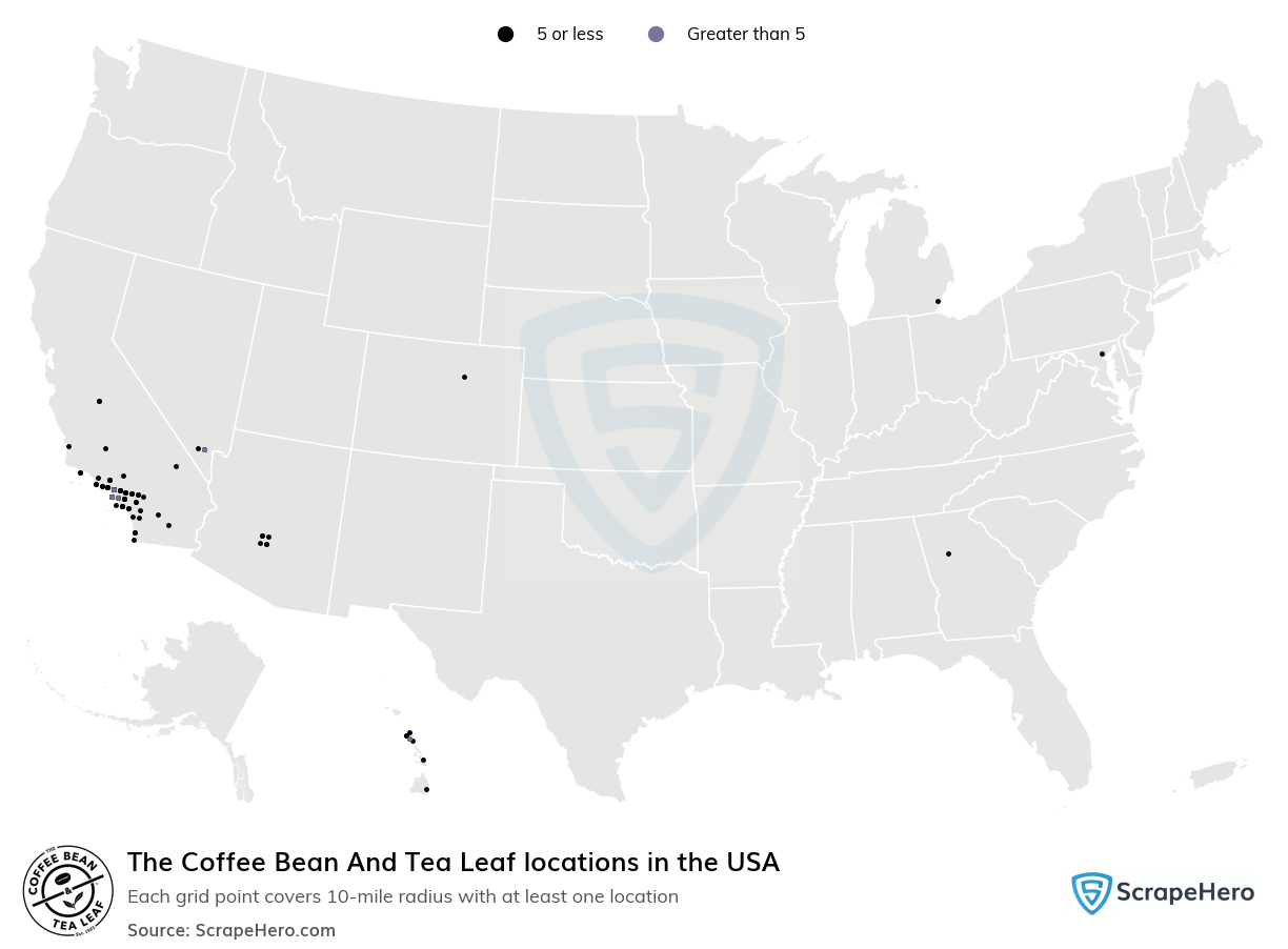 Map of The Coffee Bean And Tea Leaf locations in the United States