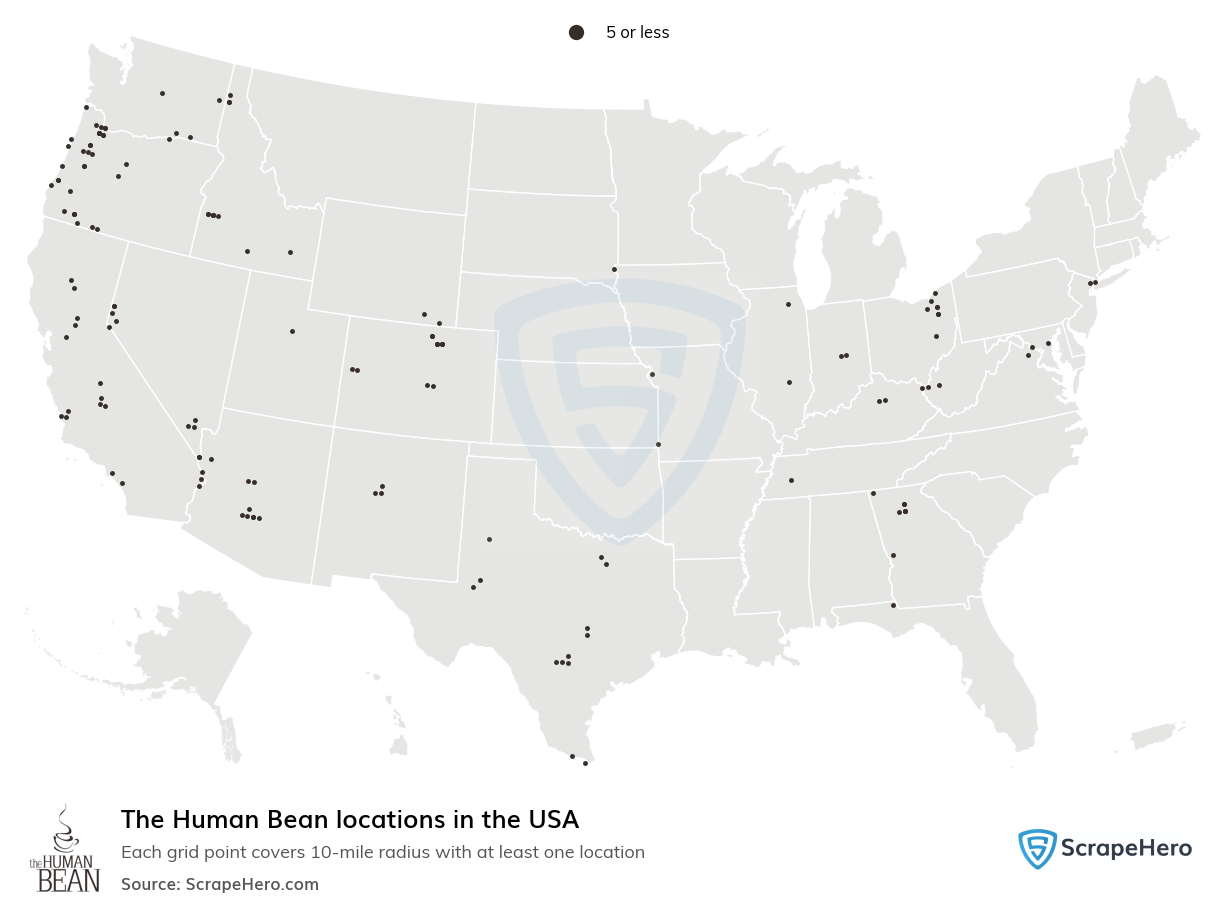 Map of The Human Bean locations in the United States