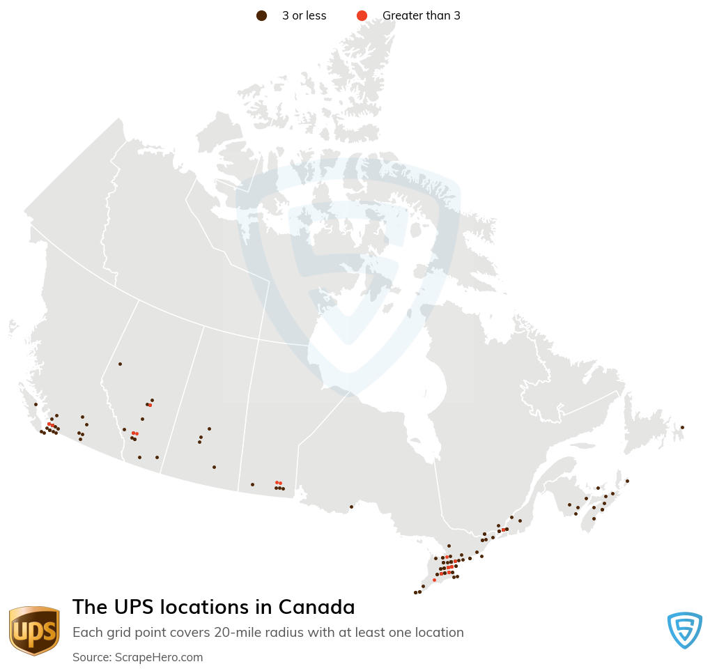 Map of The UPS locations in Canada in 2022