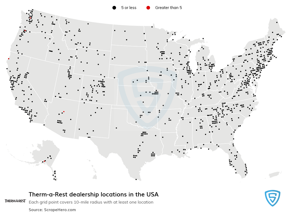 Map of Therm-a-Rest dealerships in the United States