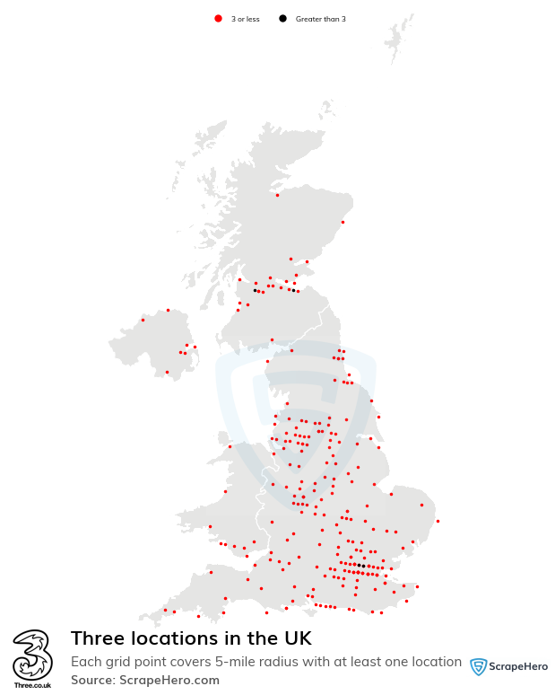 Map of Three stores in the United Kingdom