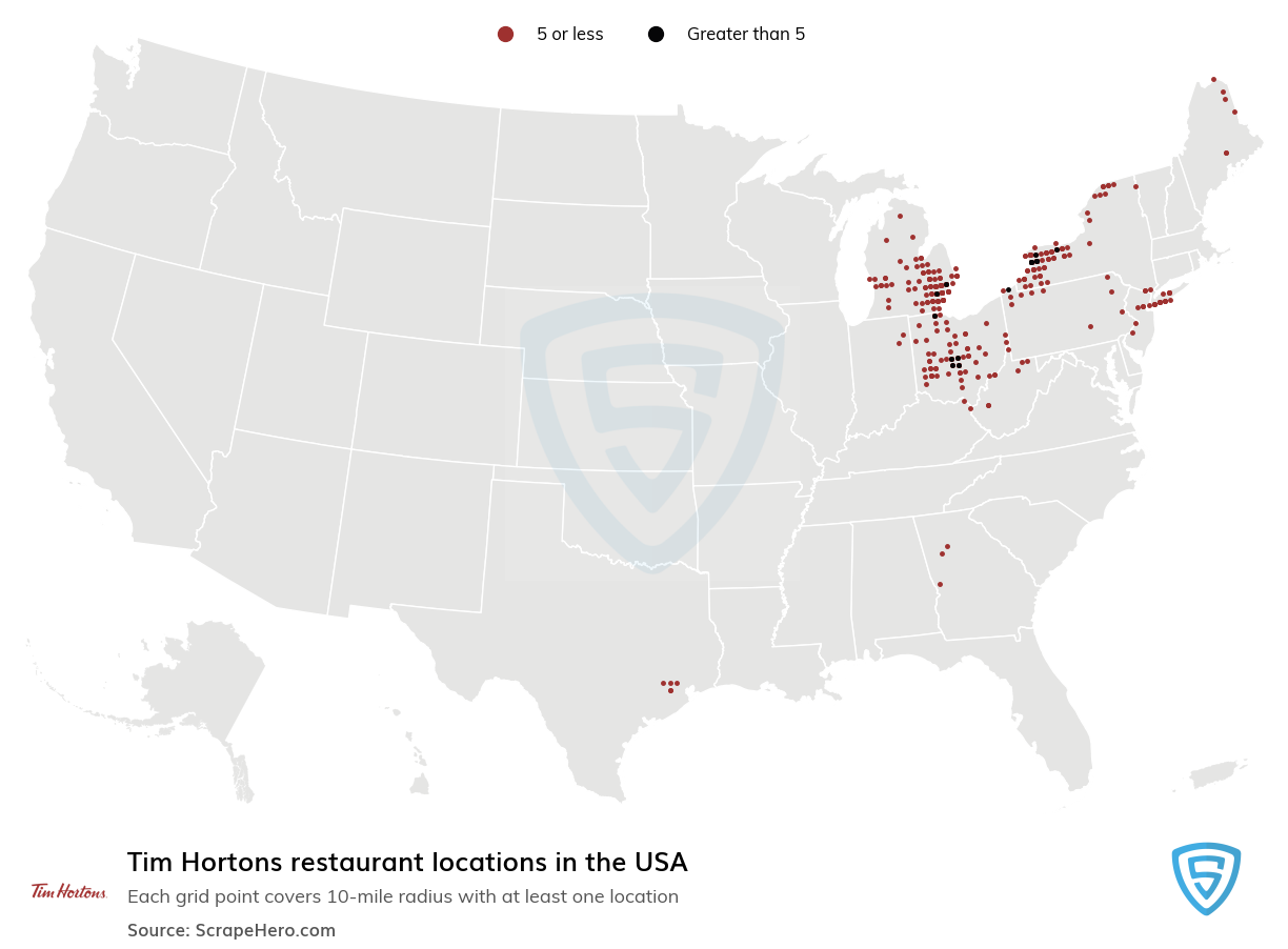 Map of Tim Hortons restaurants in the United States