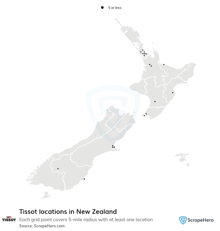 Map of Tissot stores in New Zealand