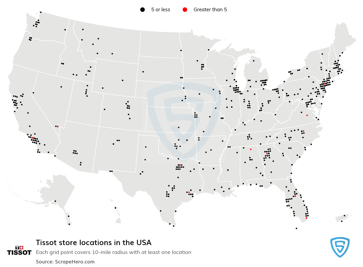 Map of Tissot stores in the United States