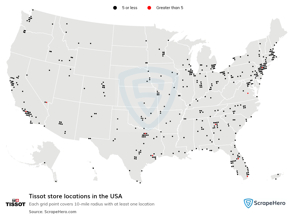 Map of Tissot stores in the United States