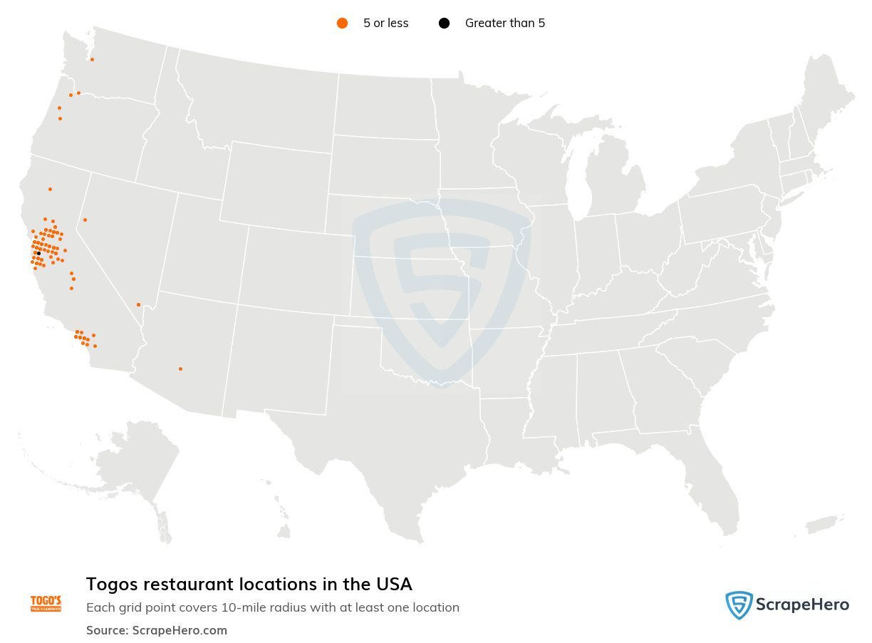 Map of Togos restaurants in the United States