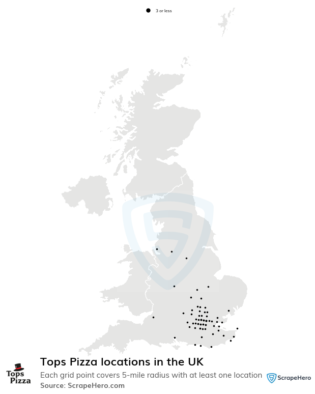 Map of Tops Pizza restaurants in the United Kingdom