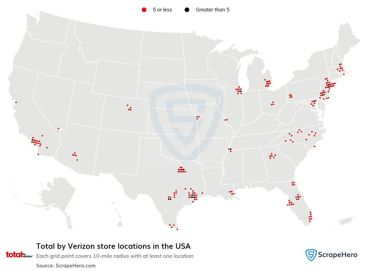 Map of Total by Verizon stores in the United States