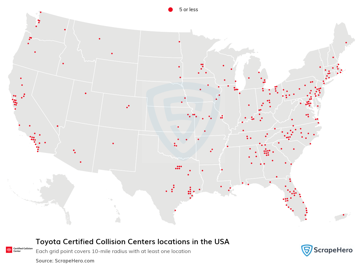 Map of Toyota Certified Collision Centers locations in the United States