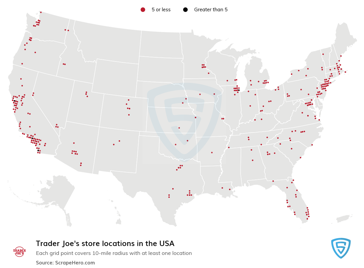 Map of Trader Joes retail stores in the United States