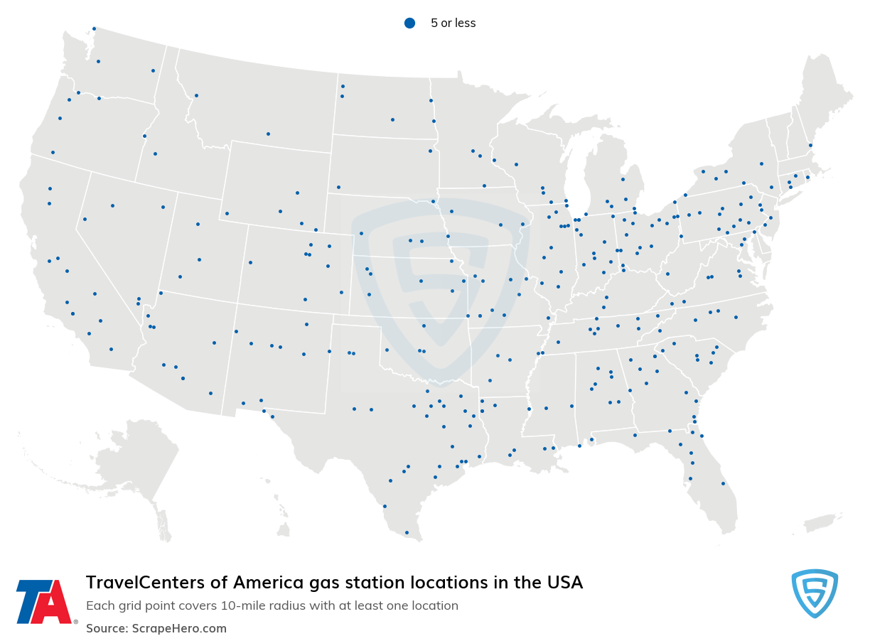 Map of TravelCenters of America gas stations in the United States