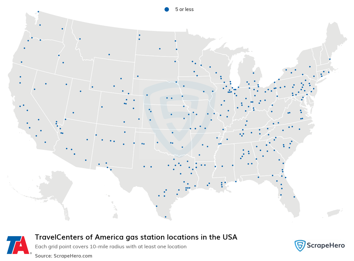 Map of TravelCenters of America gas stations in the United States