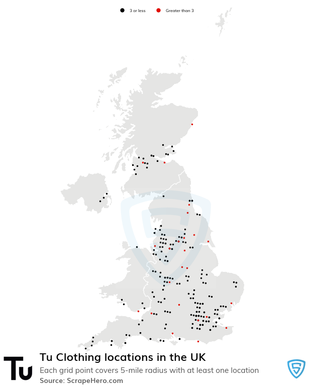 Map of Tu Clothing retail stores in the United Kingdom